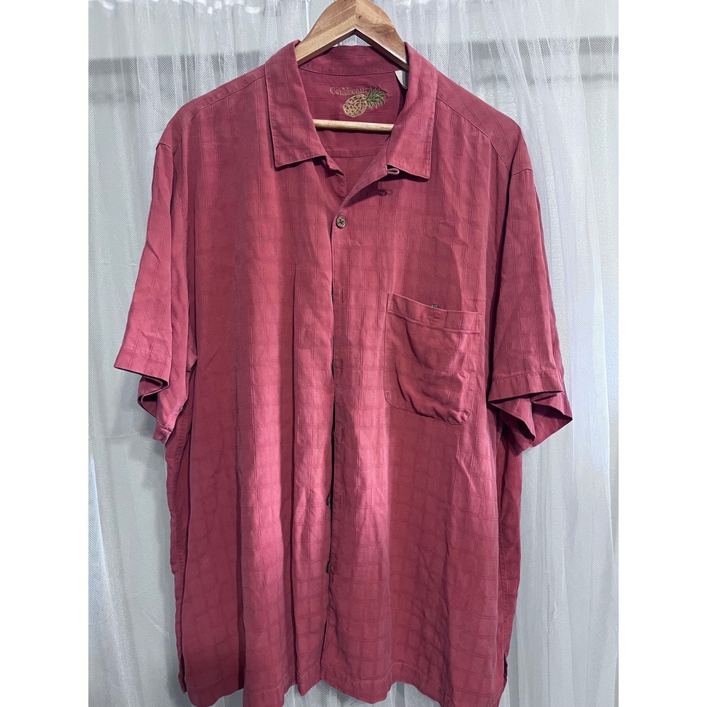 Caribbean Mens XL Rust Silk Short Sleeve Button Down Textured Grid Camp Shirt